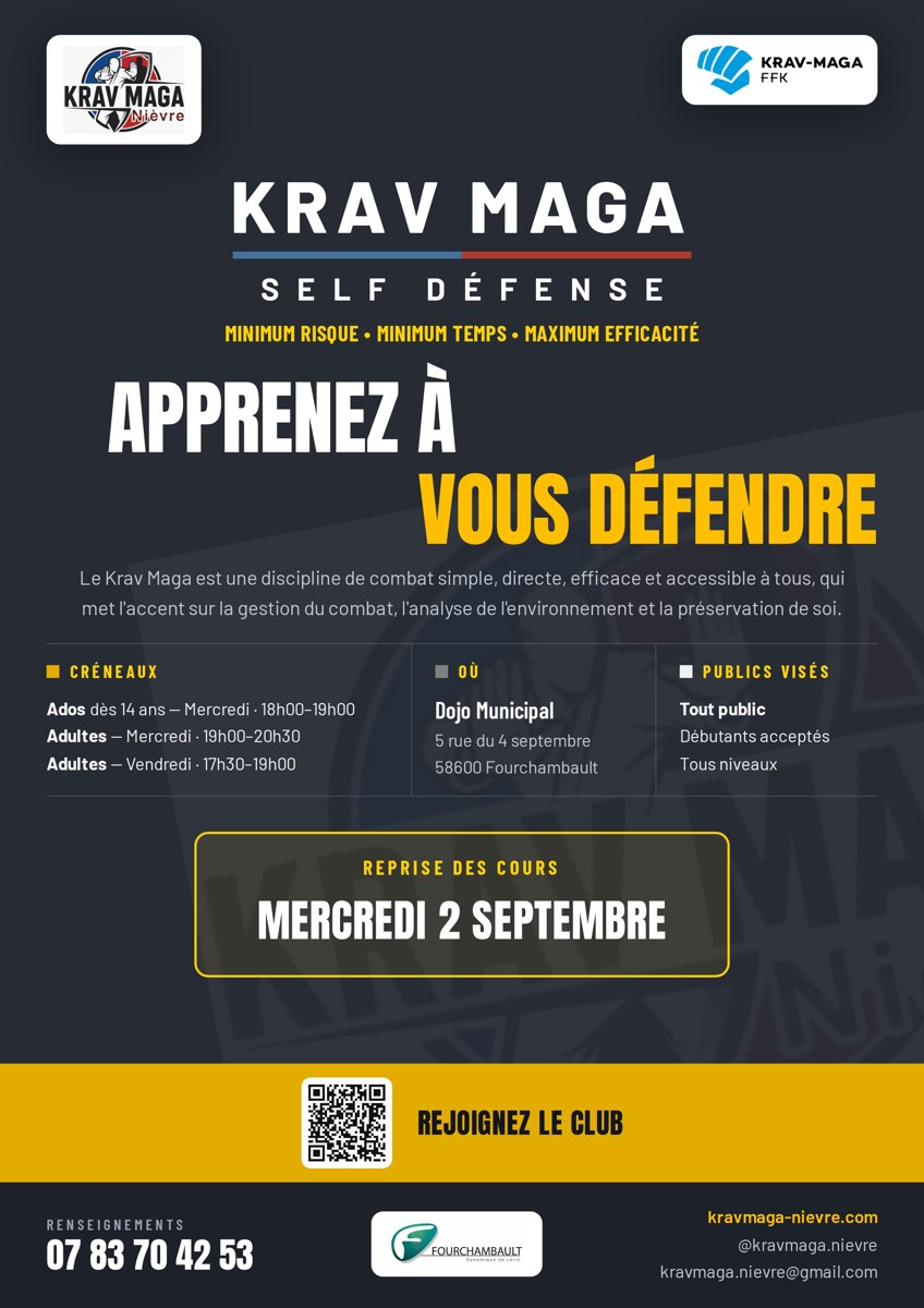 Affiche de rentrée — reprise des cours de Krav Maga le mercredi 2 septembre au Dojo Municipal de Fourchambault